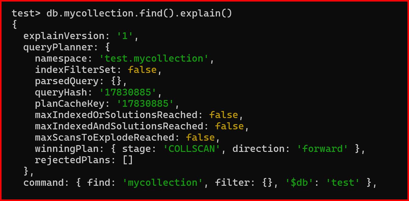 Picture showing the output of explain method in mongodb